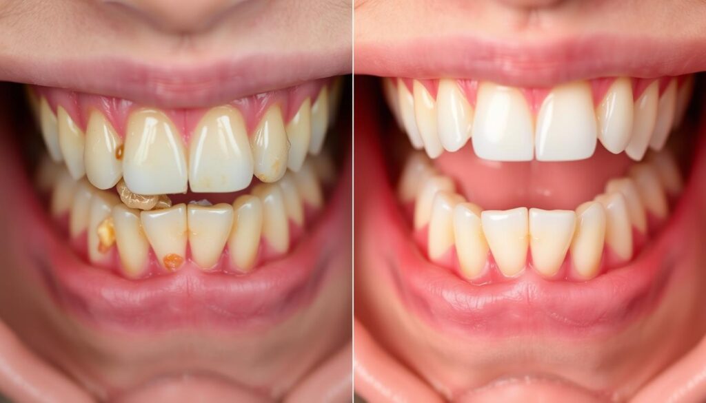 Before and after comparison of teeth showing improvement
