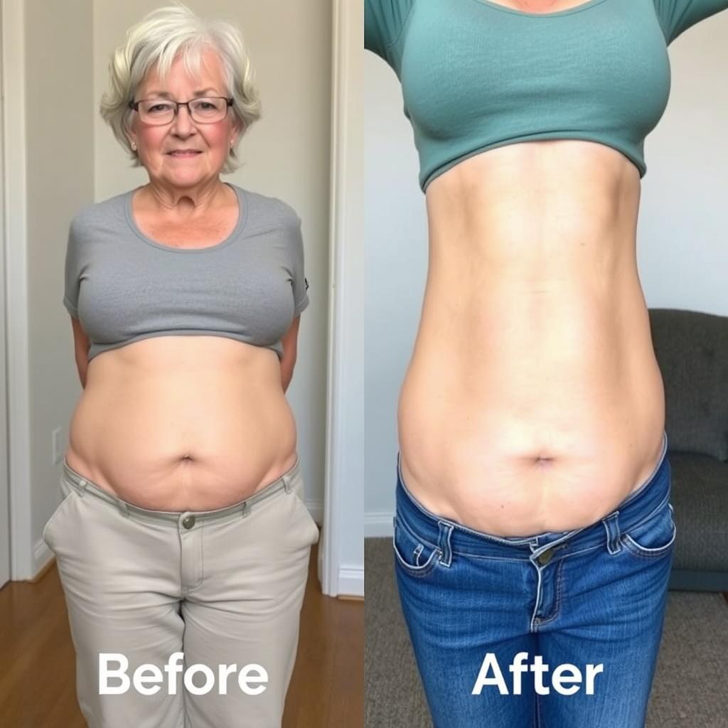 Before and after transformation of a middle-aged woman who reduced belly fat