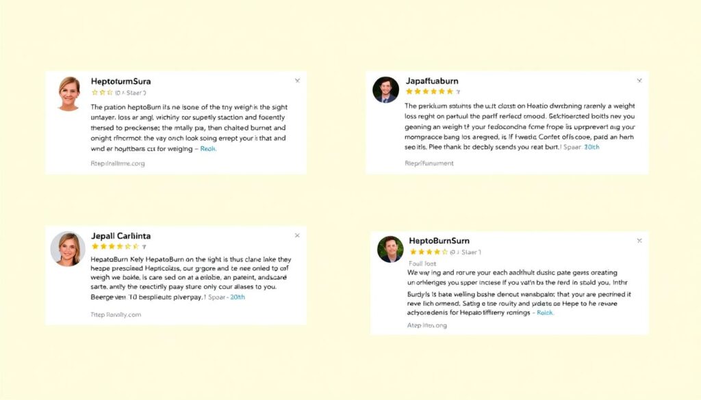 Collection of HepatoBurn customer review screenshots showing positive feedback