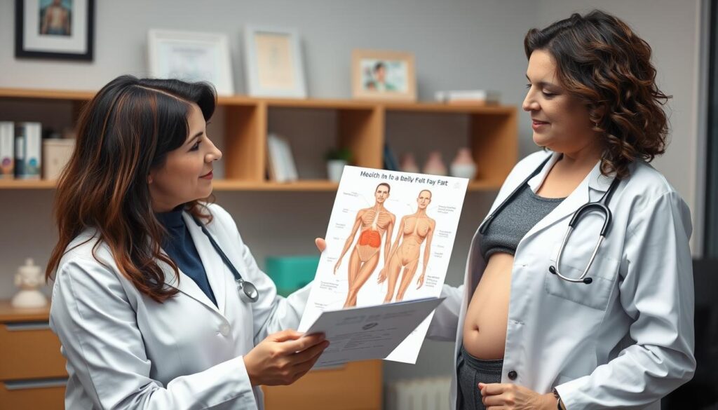 Doctor explaining health risks of belly fat to female patient using medical chart