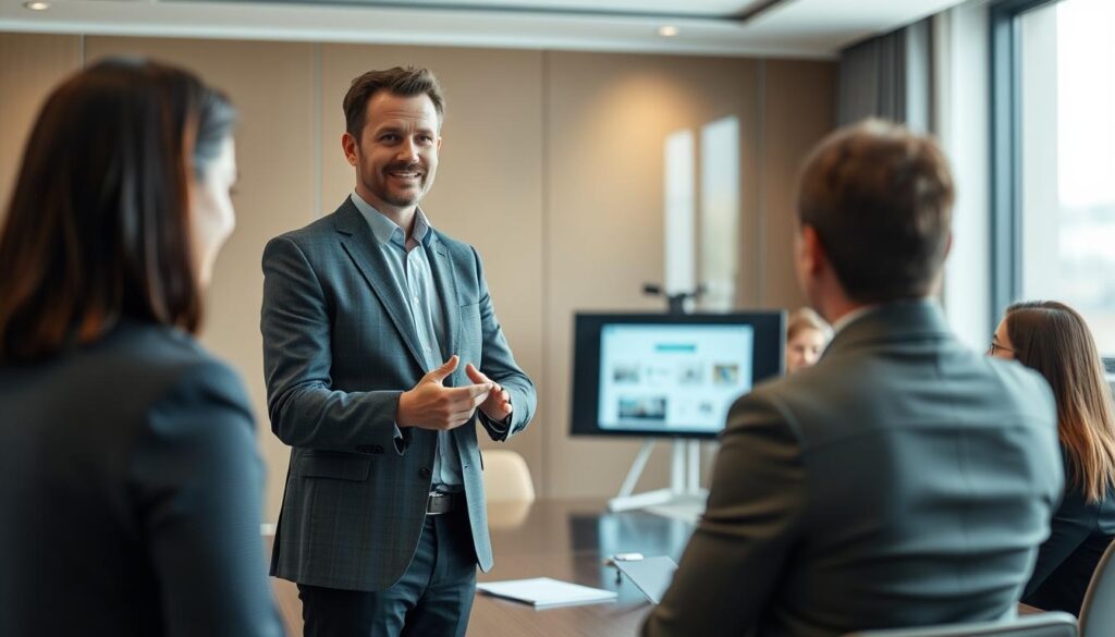 John confidently presenting to colleagues in a meeting room, showcasing his improved cognitive abilities after using ForGeniusWave