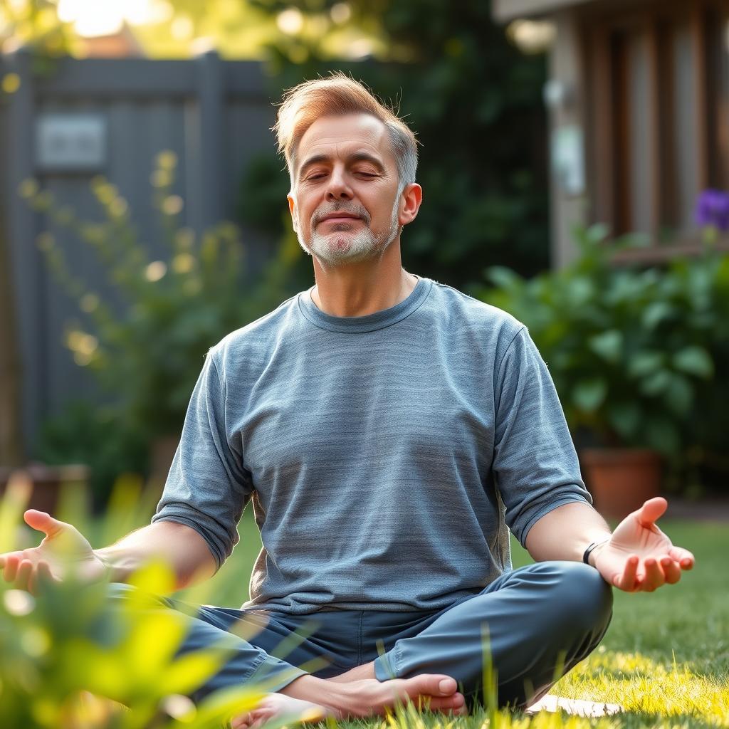 John practicing mindfulness outdoors, looking peaceful and balanced