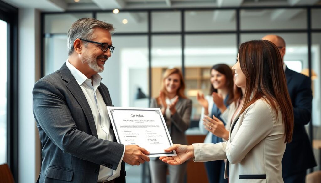 John receiving an award or recognition at work, representing his success story with ForGeniusWave