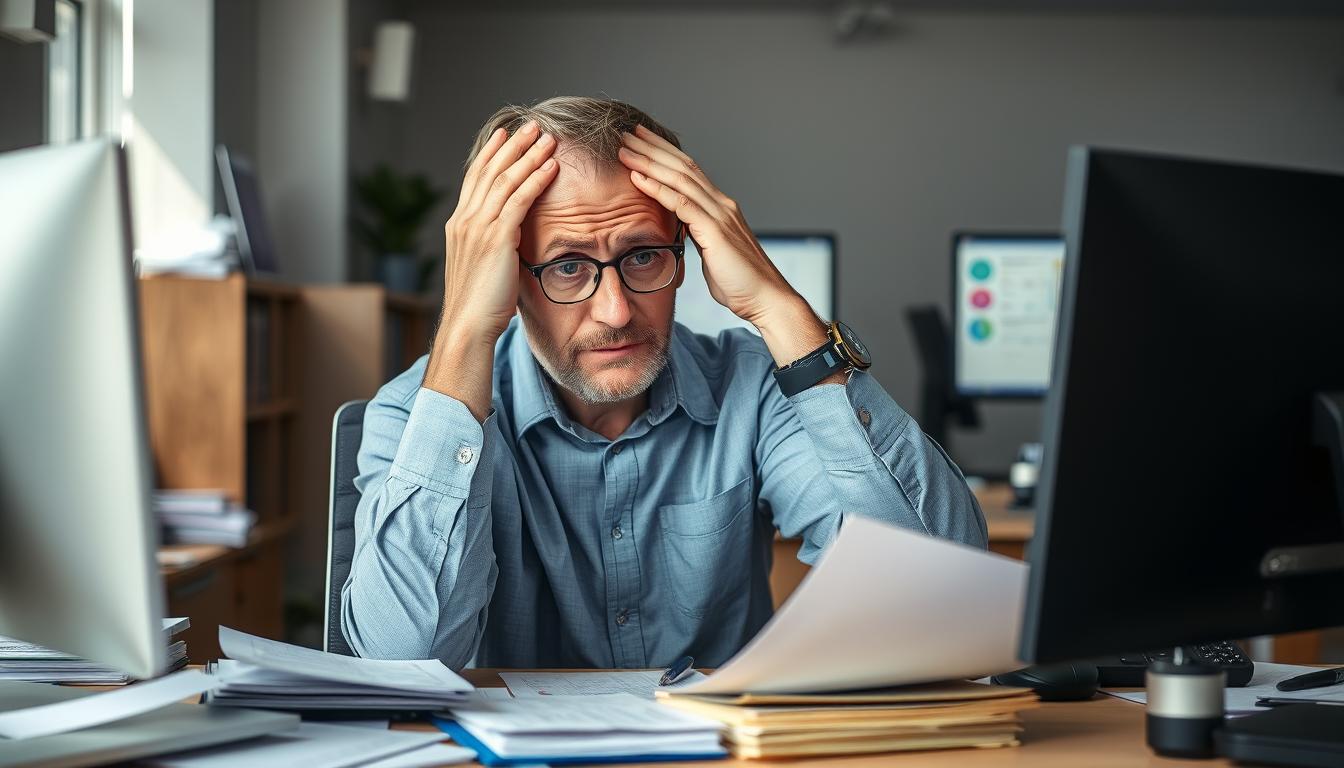 Man looking frustrated while trying to work at a cluttered desk, representing the struggle with focus before using ForGeniusWave