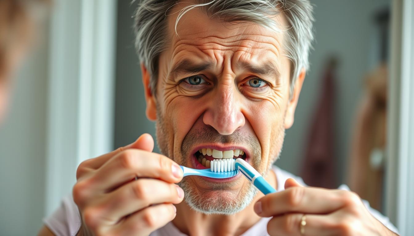Person looking frustrated while brushing teeth in bathroom mirror