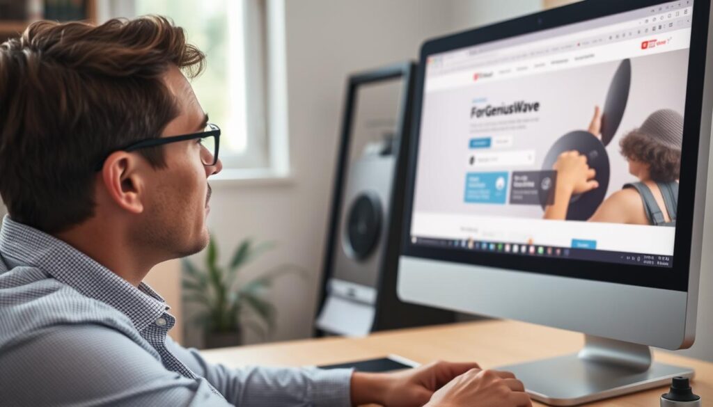 Person making decision to try ForGeniusWave, looking at program on computer