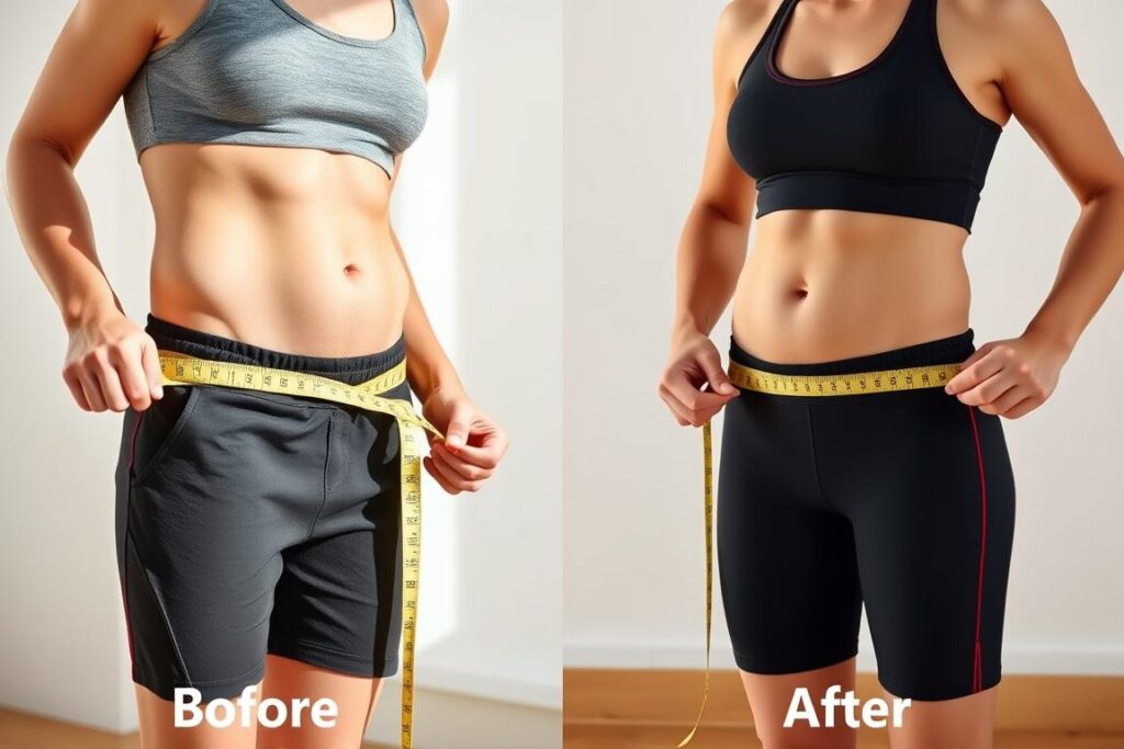 Person measuring their waist showing results from using HepatoBurn