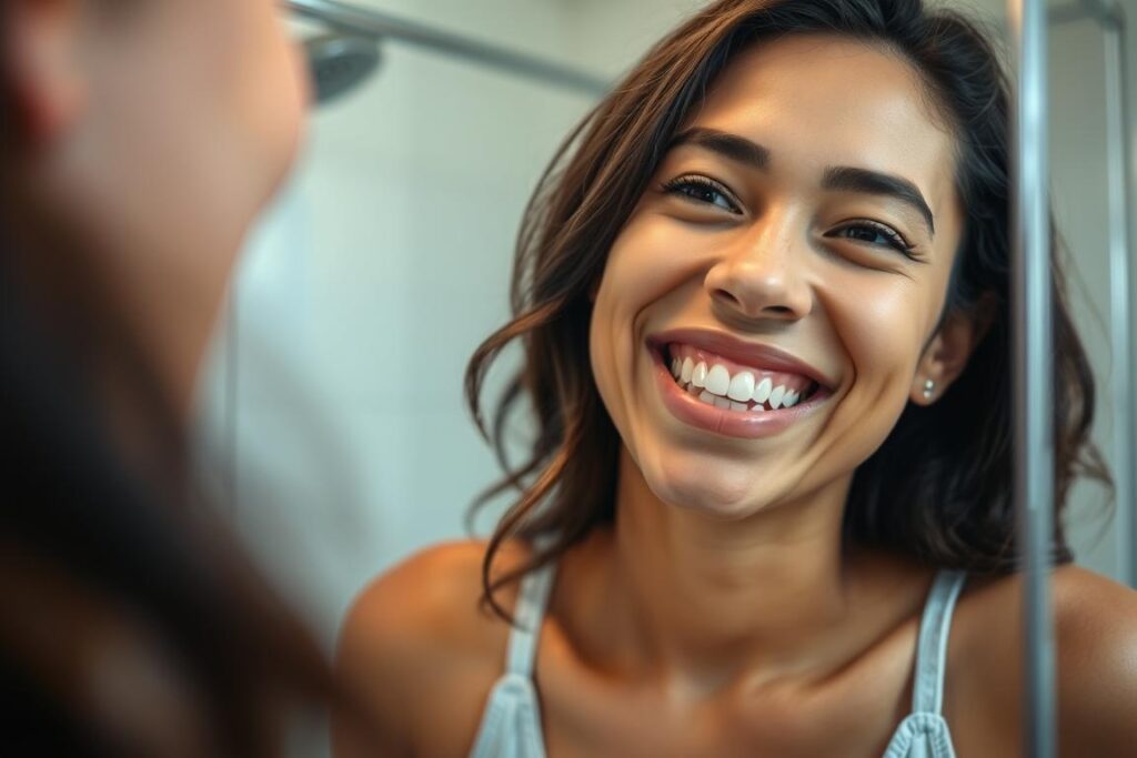 Person smiling confidently in mirror