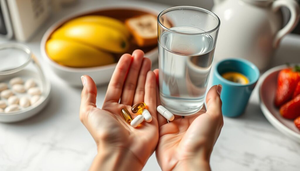 Person taking HepatoBurn supplement with a glass of water