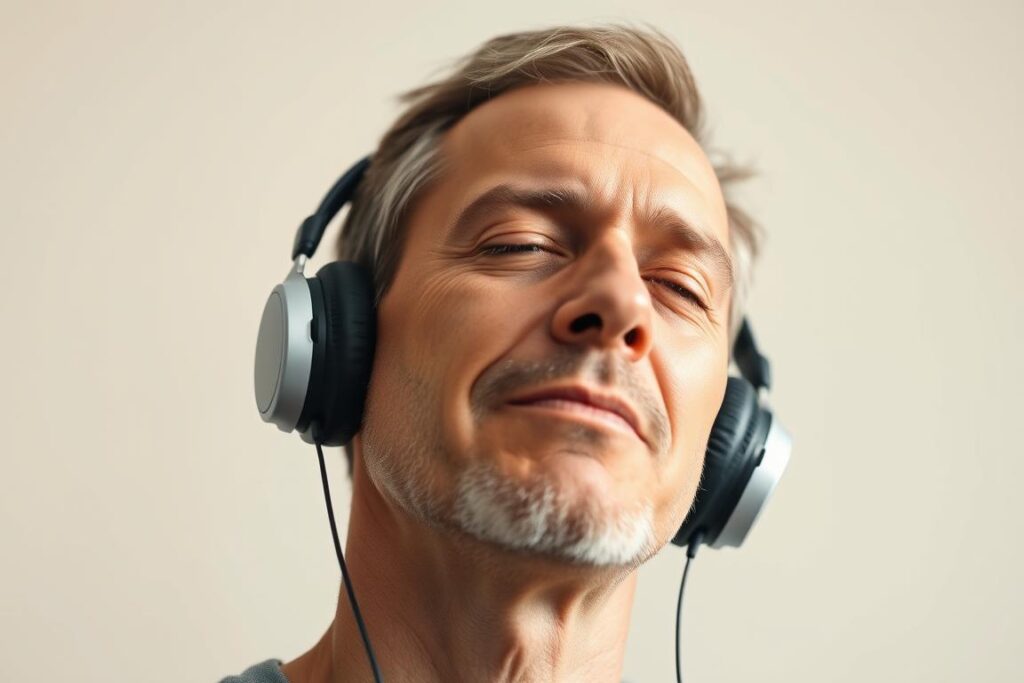 Person wearing headphones with eyes closed, looking peaceful while using ForGeniusWave audio program