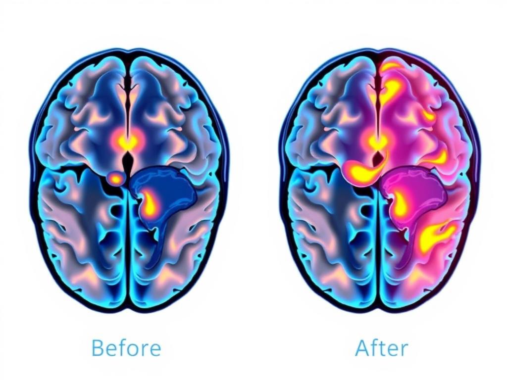 Split image showing brain scans before and after using ForGeniusWave, highlighting increased activity in the theta wave regions