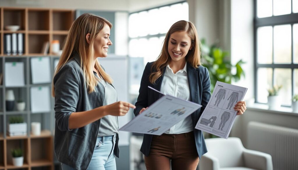 Woman consulting with nutritionist or health coach about belly fat concerns