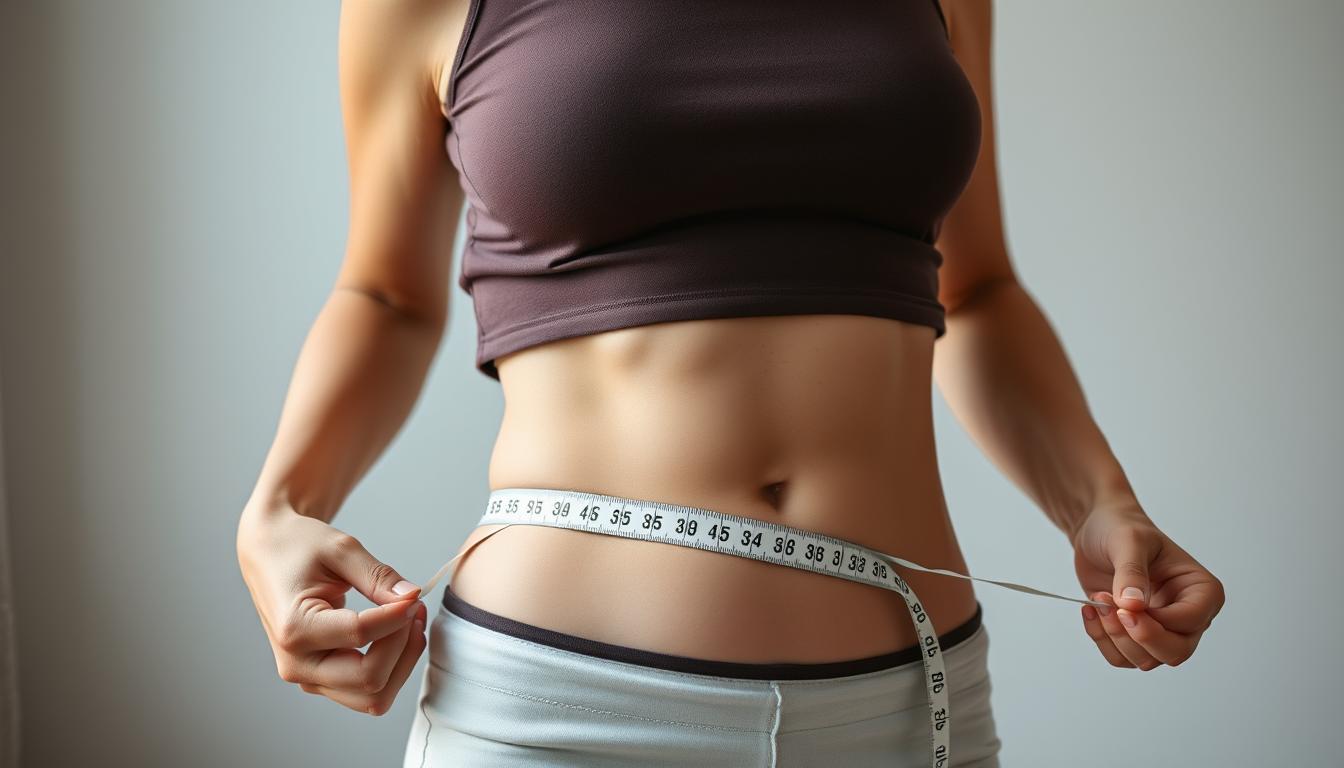 Woman measuring her waist with a measuring tape, showing frustration with stubborn belly fat