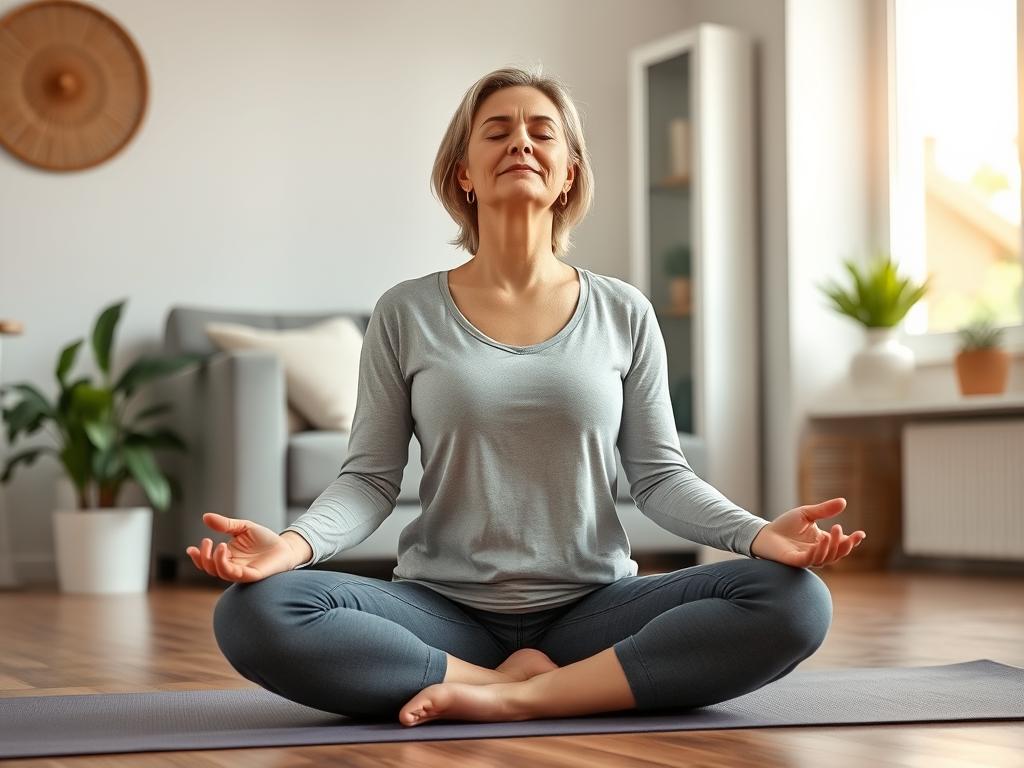 Woman practicing yoga or meditation to reduce stress and cortisol levels
