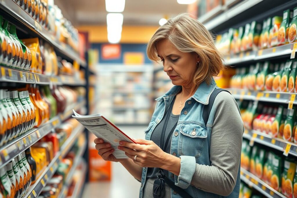 Woman reading food label checking for hidden sugars in grocery store