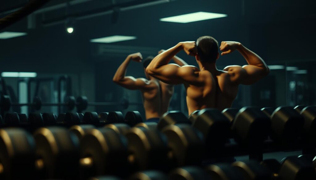 A dimly lit gym interior, the focus on a cluttered dumbbell rack in the foreground. In the middle ground, a person performing tricep exercises with poor form - elbows flared out, back arched, and shoulders hunched. The background is blurred, suggesting the person's lack of awareness of their improper technique. Moody, dramatic lighting casts shadows across the scene, emphasizing the incorrect movement patterns. The overall atmosphere conveys a sense of frustration and missed opportunity for muscle growth.