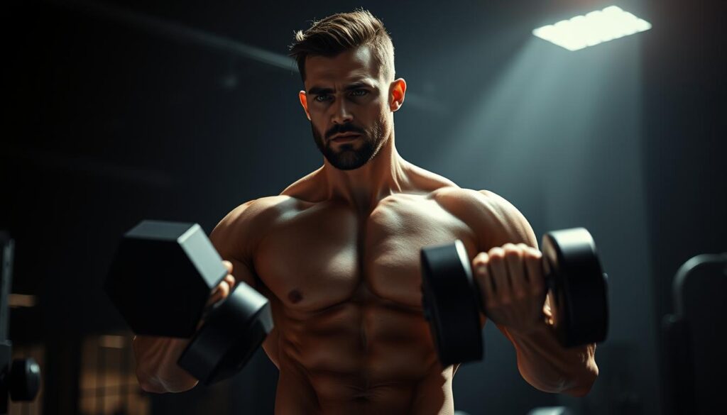 A dimly lit gym interior, with focus on a muscular male figure performing bicep curls with free weights. The lighting is dramatic, casting shadows that accentuate the contours of the arms and torso. The background is slightly blurred, emphasizing the subject. The model's expression is one of intense concentration, showcasing the effort and dedication required for effective bicep exercises. The overall atmosphere is one of power, strength, and the pursuit of physical excellence.