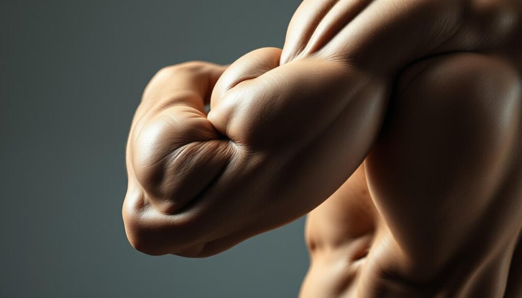 A high-resolution close-up image of a muscular male arm, featuring the triceps muscle group. The arm is positioned in a classic triceps extension exercise, with the elbow bent and the forearm extended behind the body. The lighting is soft and directional, casting subtle shadows that accentuate the contours of the triceps. The background is a simple, neutral color that allows the subject to be the focal point. The overall mood is one of detailed anatomical study, highlighting the intricate structure and function of the triceps muscles.
