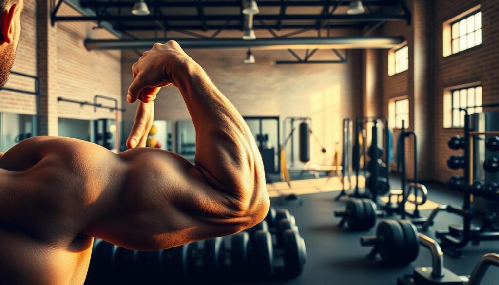 A muscular male arm in the foreground, showcasing toned biceps in a powerful flexing pose, illuminated by warm, directional lighting that casts dramatic shadows. In the middle ground, various free weights, resistance bands, and other workout equipment are arranged in an organized, motivational layout. The background features a minimalist, industrial-style gym setting with exposed brick walls and high ceilings, creating a focused, performance-driven atmosphere.