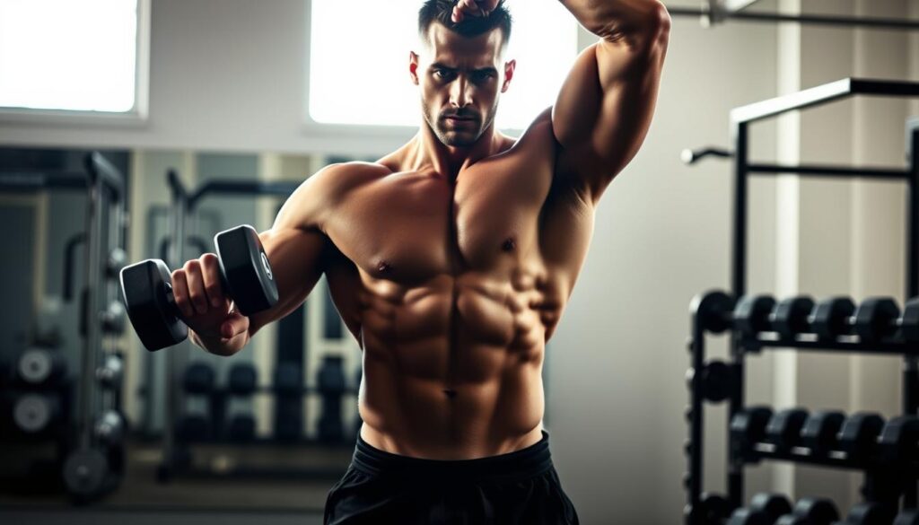 A muscular male figure stands in a well-lit gym, holding a dumbbell in each hand. His biceps are prominently displayed, the muscles flexed and defined. The lighting casts dramatic shadows, highlighting the contours of his arms. In the background, a rack of various weightlifting equipment is visible, suggesting a focus on strength training. The overall scene conveys the importance of bicep workouts in building arm strength and muscle tone, supporting the article's central theme.