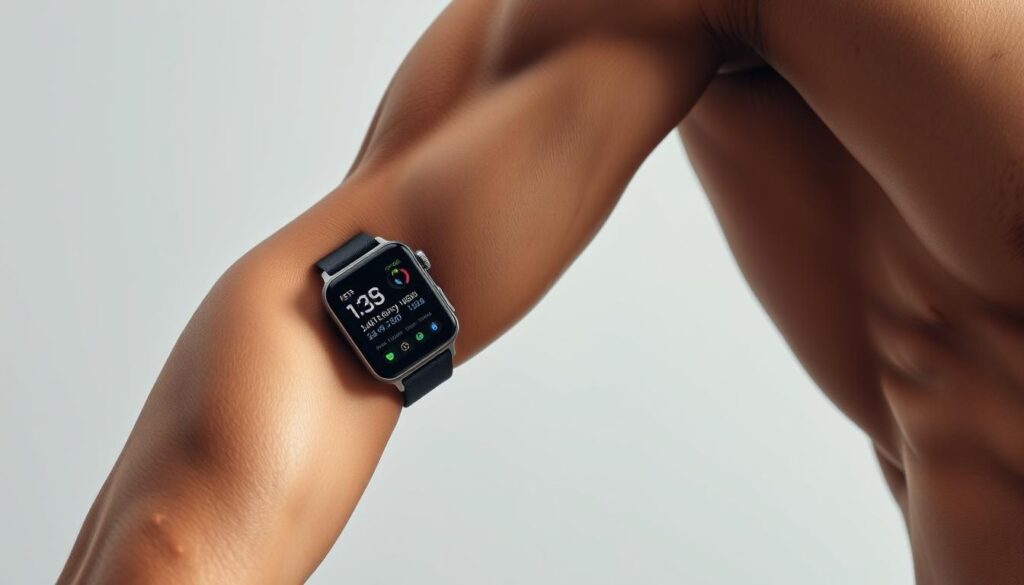 A well-lit, close-up photograph of a person's muscular forearm and bicep, with a smartwatch on the wrist displaying data and metrics related to their bicep workout progress. The arm is positioned in a flexed, weight-lifting pose against a clean, minimalist background, perhaps a simple white or gray wall. The lighting is soft and flattering, emphasizing the definition and contours of the muscles. The watch interface shows various statistics such as reps, sets, weight lifted, and a visual representation of workout history and improvements over time. The overall mood is one of progress, achievement, and a sense of personal health and fitness.