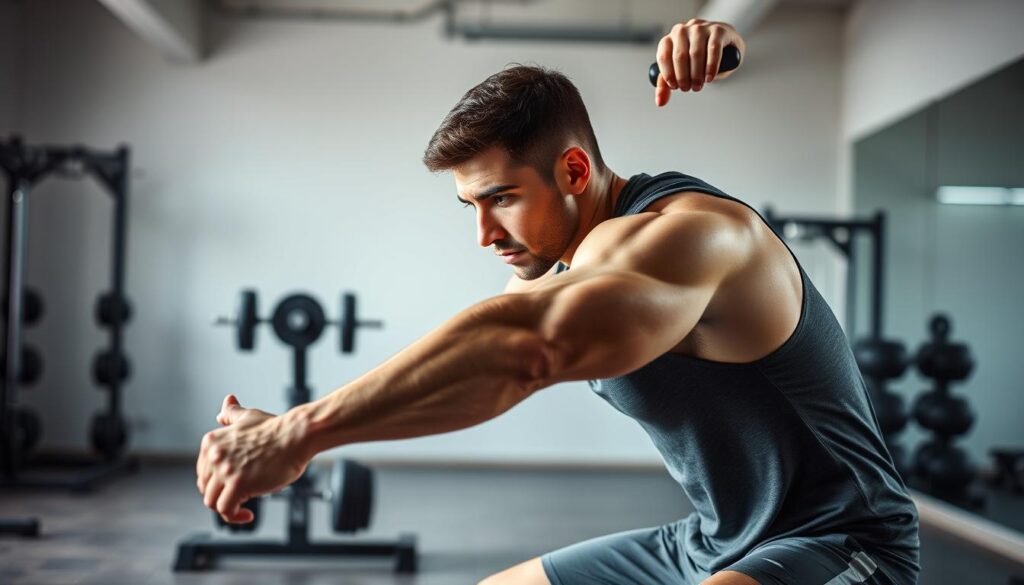 A well-lit, high-quality photograph of a muscular male athlete performing a triceps extension exercise. The subject is in the foreground, dressed in a sleeveless workout top and shorts, with a focused expression on his face. The middle ground features a clean, minimal gym setting with free weights and exercise equipment in the background. Soft, diffused lighting creates a sense of depth and highlights the subject's defined arm muscles. The overall composition is balanced, with the subject's form and technique clearly visible to showcase the proper execution of the triceps workout.
