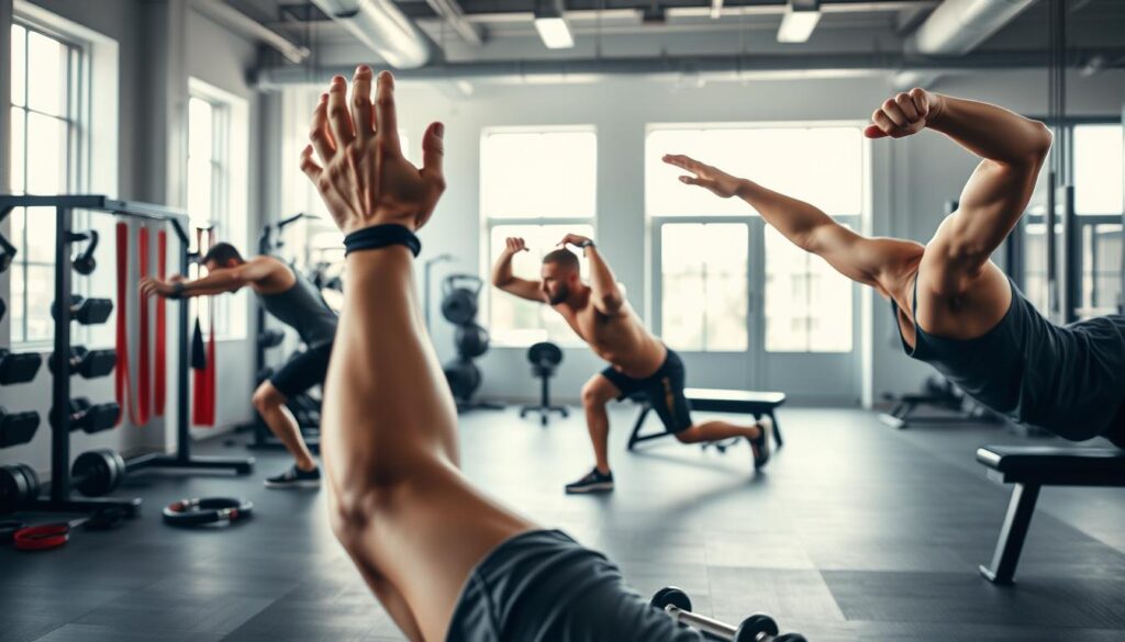A well-lit, high-quality photograph of a person performing a variety of dynamic triceps warm-up exercises in a modern gym setting. The foreground shows the person's arms and upper body in profile, with a focus on proper form and technique as they perform exercises like triceps dips, pushups, and triceps kickbacks. The middle ground includes various weightlifting equipment and accessories like resistance bands, dumbbells, and an exercise bench. The background depicts a clean, minimal gym interior with bright, natural lighting filtering in through large windows. The overall mood is one of energy, intention, and preparedness for an effective triceps workout.