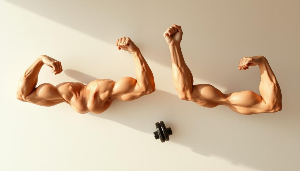 Muscular arms in dynamic workout poses against a clean, minimalist background. Biceps, triceps, and forearms tensed in diverse exercises like curls, extensions, and rows. Warm, natural lighting casts shadows that accentuate muscle definition. Overhead view with a slightly wide-angle lens to capture the full range of motion. Convey a sense of strength, fitness, and functional aesthetics to complement the article's subject.